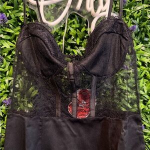 Cider Black Lace Bustier Slip Dress with Red Accent